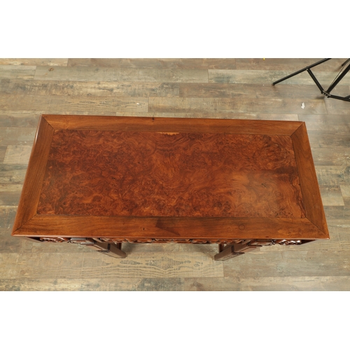 205 - AN EARLY 20TH CENTURY CHINESE BURR HARDWOOD ALTER TABLE with square ended burr top above a peirced f... 