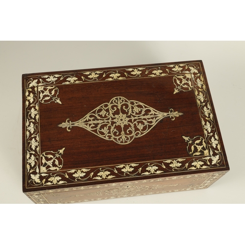 216 - A 19TH CENTURY ANGLO INDIAN IVORY AND SILVER METAL INLAID HARDWOOD JEWELLERY BOX with finely decorat... 