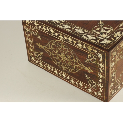 216 - A 19TH CENTURY ANGLO INDIAN IVORY AND SILVER METAL INLAID HARDWOOD JEWELLERY BOX with finely decorat... 