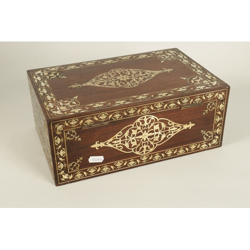 216 - A 19TH CENTURY ANGLO INDIAN IVORY AND SILVER METAL INLAID HARDWOOD JEWELLERY BOX with finely decorat... 