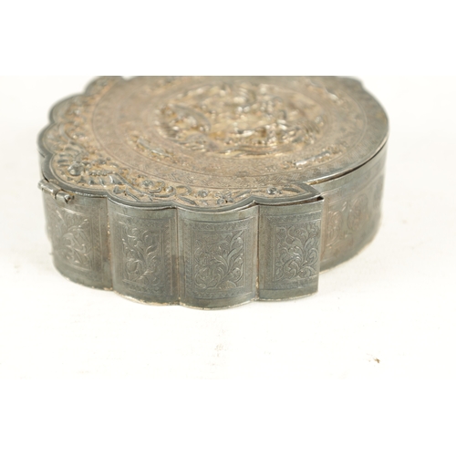 220 - A 19TH CENTURY CHINESE SILVER LIDDED DRESSING TABLE BOX of circular form with a floral crested bat m... 