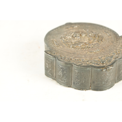 220 - A 19TH CENTURY CHINESE SILVER LIDDED DRESSING TABLE BOX of circular form with a floral crested bat m... 