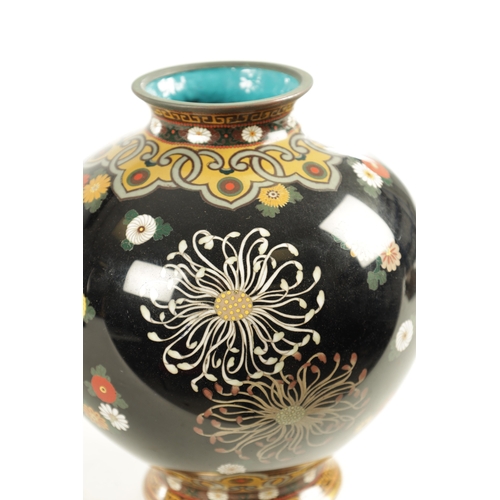 225 - A JAPANESE MEIJI PERIOD CLOISONNE VASE of globular form with raised flared rim and foot, decorated w... 