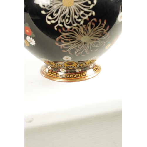 225 - A JAPANESE MEIJI PERIOD CLOISONNE VASE of globular form with raised flared rim and foot, decorated w... 