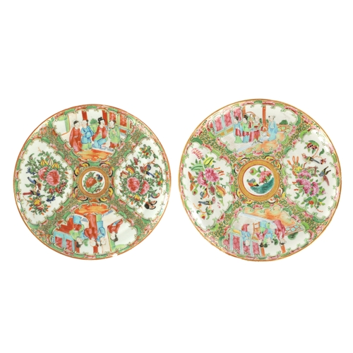 228 - TWO 19TH CENTURY FAMILLE ROSE CANTONESE PLATES decorated with panels of figures and birds amongst fl... 