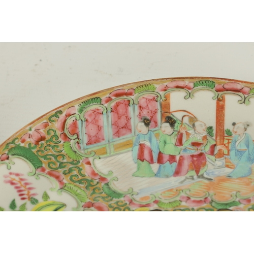 228 - TWO 19TH CENTURY FAMILLE ROSE CANTONESE PLATES decorated with panels of figures and birds amongst fl... 