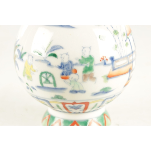 232 - A LATE CHINESE POLYCHROME BULBOUS VASE WITH TAPERED NECK AND SWOLLEN TOP decorated all-round with pa... 