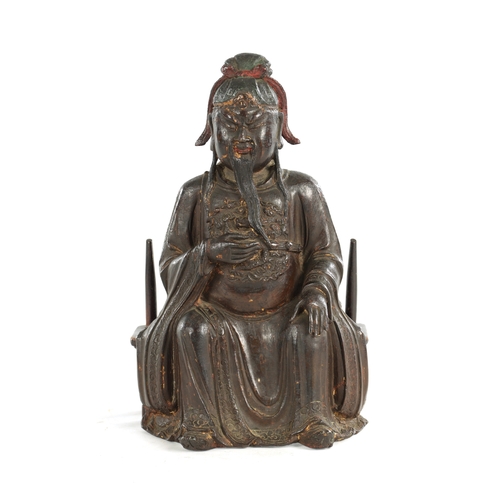 236 - A RARE AND LARGE 17TH CENTURY MING DYNASTY CHINESE POLYCHROME BRONZE IMMORTAL modelled in a seated p... 