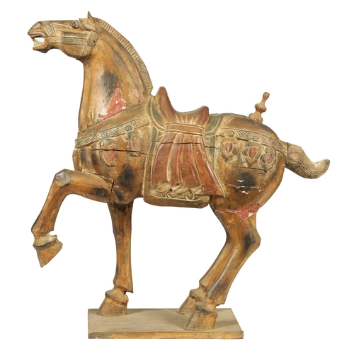 237 - A MID 19TH CENTURY CHINESE TANG DYNASTY STYLE POLYCHROME DECORATED CARVED SCULPTURE OF A HORSE with ... 