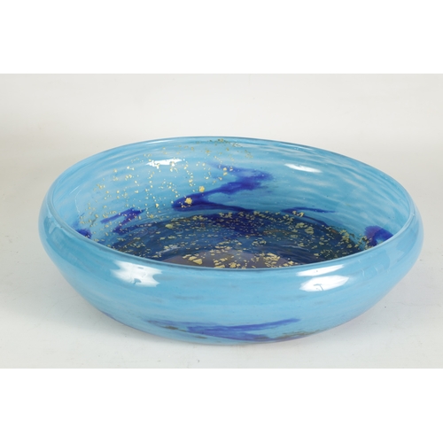 24 - A DAUM NANCY LARGE SHALLOW GLASS DISH decorated in multiple layers of striking blues with gold leaf ... 