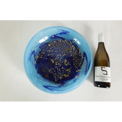 24 - A DAUM NANCY LARGE SHALLOW GLASS DISH decorated in multiple layers of striking blues with gold leaf ... 