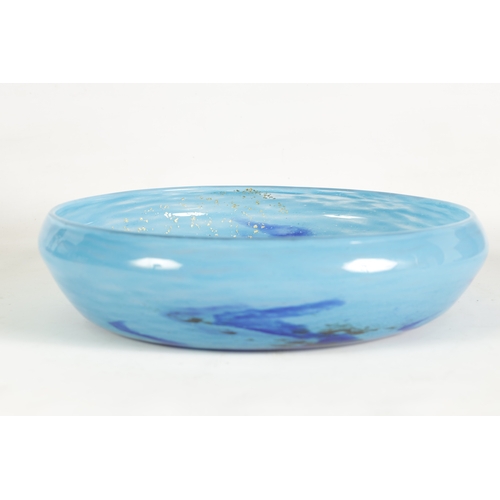 24 - A DAUM NANCY LARGE SHALLOW GLASS DISH decorated in multiple layers of striking blues with gold leaf ... 