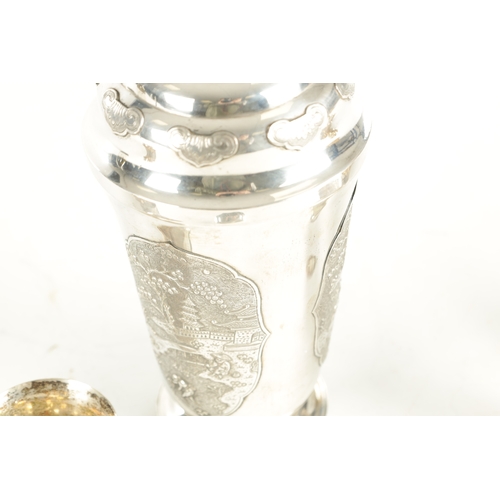 243 - AN EARLY 20TH CENTURY CHINESE SILVER METAL COCKTAIL SHAKER AND EIGHT SHOT GLASSES having panelled fi... 