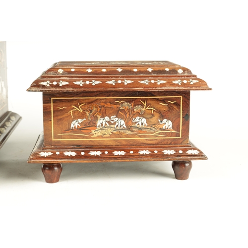 246 - TWO 20TH CENTURY INDIAN HARDWOOD LIDDED BOXES inlaid with boxwood and bone depicting landscapes with... 