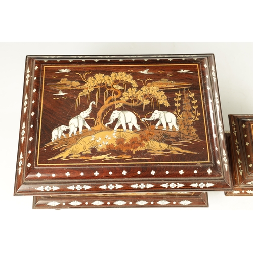 246 - TWO 20TH CENTURY INDIAN HARDWOOD LIDDED BOXES inlaid with boxwood and bone depicting landscapes with... 