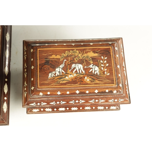 246 - TWO 20TH CENTURY INDIAN HARDWOOD LIDDED BOXES inlaid with boxwood and bone depicting landscapes with... 