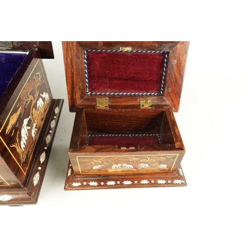 246 - TWO 20TH CENTURY INDIAN HARDWOOD LIDDED BOXES inlaid with boxwood and bone depicting landscapes with... 