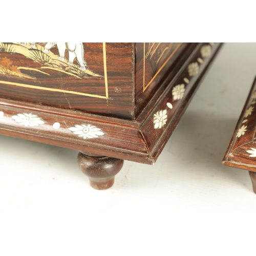 246 - TWO 20TH CENTURY INDIAN HARDWOOD LIDDED BOXES inlaid with boxwood and bone depicting landscapes with... 