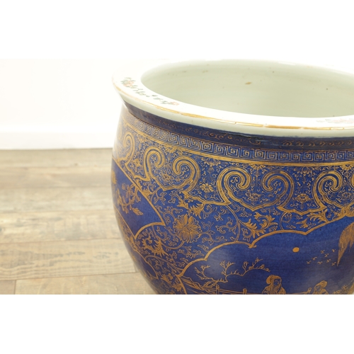 247 - A 19TH CENTURY CHINESE JARDINIERE OF LARGE SIZE on blue ground with panelled gilt decoration. (40cm ... 