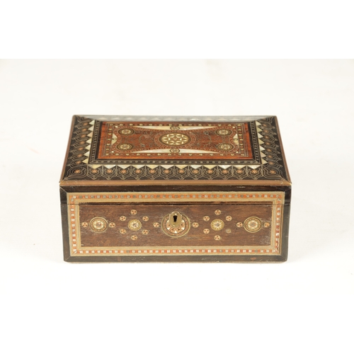 253 - A LATE 19TH CENTURY INDIAN INLAID JEWELLERY BOX with mother of pearl and brass wire work decoration.... 