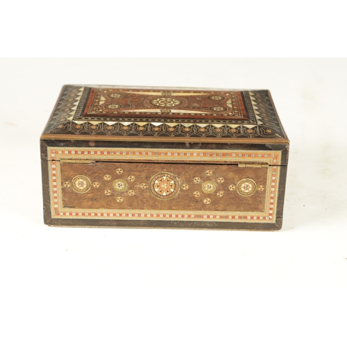 253 - A LATE 19TH CENTURY INDIAN INLAID JEWELLERY BOX with mother of pearl and brass wire work decoration.... 