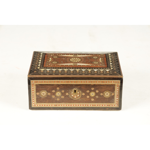 253 - A LATE 19TH CENTURY INDIAN INLAID JEWELLERY BOX with mother of pearl and brass wire work decoration.... 