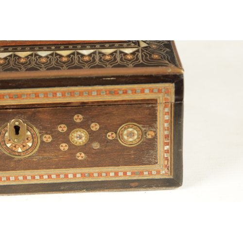 253 - A LATE 19TH CENTURY INDIAN INLAID JEWELLERY BOX with mother of pearl and brass wire work decoration.... 