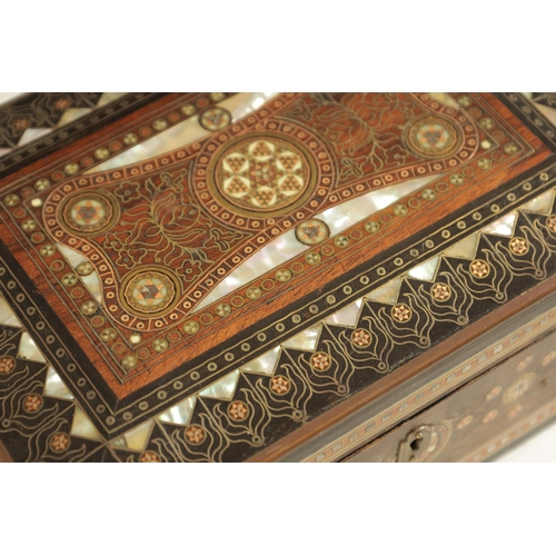 253 - A LATE 19TH CENTURY INDIAN INLAID JEWELLERY BOX with mother of pearl and brass wire work decoration.... 