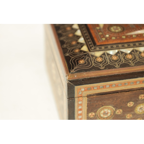 253 - A LATE 19TH CENTURY INDIAN INLAID JEWELLERY BOX with mother of pearl and brass wire work decoration.... 