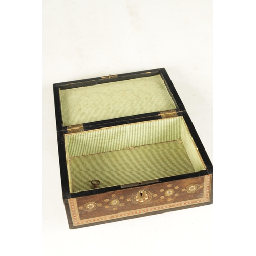 253 - A LATE 19TH CENTURY INDIAN INLAID JEWELLERY BOX with mother of pearl and brass wire work decoration.... 