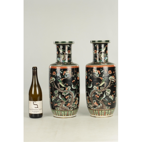 255 - A PAIR OF LATE 19TH CENTURY CHINESE FAMILLE NOIRE VASES decorated with birds amongst blossoming tree... 