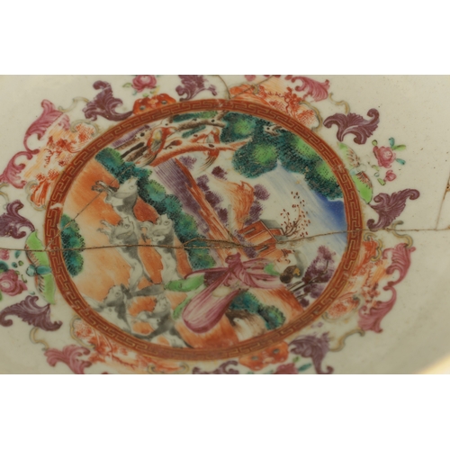 256 - TWO 18TH CENTURY CHINESE BOWLS the Cantonese bowl decorated with coloured panels depicting hunting s... 