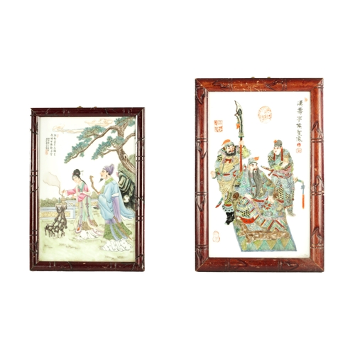 263 - TWO 19TH CENTURY CHINESE PORCELAIN PLAQUES comprising a famille rose plaque depicting figures in a g... 