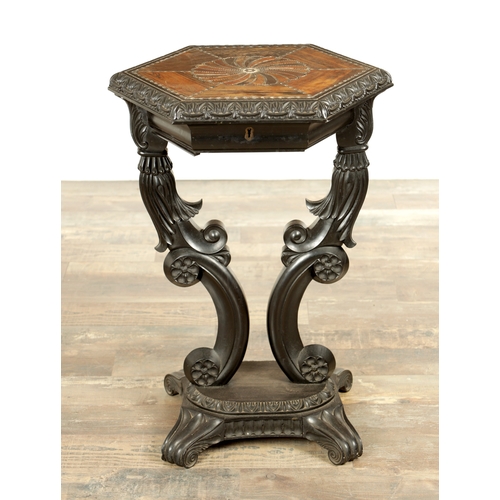 266 - A 19TH CENTURY CEYLONESE EBONY AND SPECIMEN WOOD OCCASIONAL TABLE with bone inlaid parquetry top wit... 