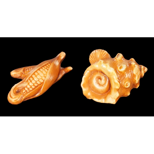 274 - TWO JAPANESE STAINED PLASTERWORK NETSUKE formed as a sweetcorn and a shell (5.5cm wide)