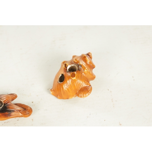 274 - TWO JAPANESE STAINED PLASTERWORK NETSUKE formed as a sweetcorn and a shell (5.5cm wide)