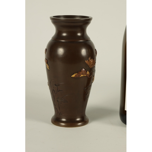 277 - A JAPANESE MEIJI PERIOD MIXED METAL BRONZE BALUSTER VASE with flared neck and tapering body, engrave... 