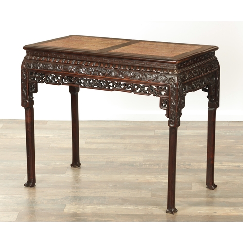 279 - A 19TH CENTURY CHINESE HARDWOOD AND MARBLE ALTAR TABLE with inset marble top above a shaped floral c... 