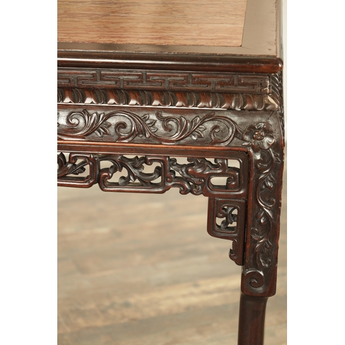 279 - A 19TH CENTURY CHINESE HARDWOOD AND MARBLE ALTAR TABLE with inset marble top above a shaped floral c... 