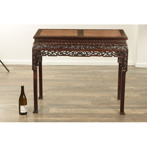 279 - A 19TH CENTURY CHINESE HARDWOOD AND MARBLE ALTAR TABLE with inset marble top above a shaped floral c... 