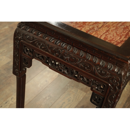 279 - A 19TH CENTURY CHINESE HARDWOOD AND MARBLE ALTAR TABLE with inset marble top above a shaped floral c... 