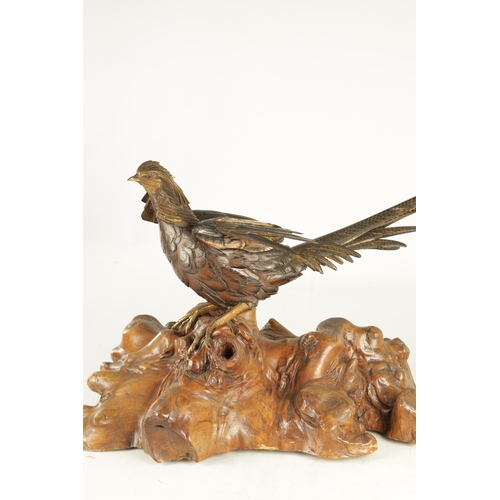 282 - A LATE 19TH CENTURY JAPANESE MEIJI PERIOD GILT AND POLYCHROME BRONZE OKIMONO / PHEASANT SCULPTURE BE... 