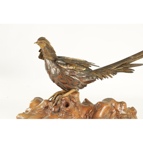 282 - A LATE 19TH CENTURY JAPANESE MEIJI PERIOD GILT AND POLYCHROME BRONZE OKIMONO / PHEASANT SCULPTURE BE... 