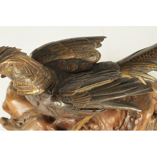 282 - A LATE 19TH CENTURY JAPANESE MEIJI PERIOD GILT AND POLYCHROME BRONZE OKIMONO / PHEASANT SCULPTURE BE... 