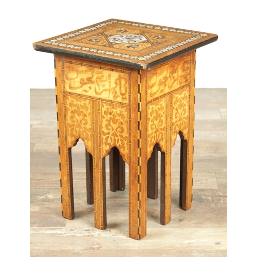 283 - A LATE 19TH CENTURY ISLAMIC PARQUETRY INLAID SQUARE OCCASIONAL TABLE with geometric designs inlaid w... 