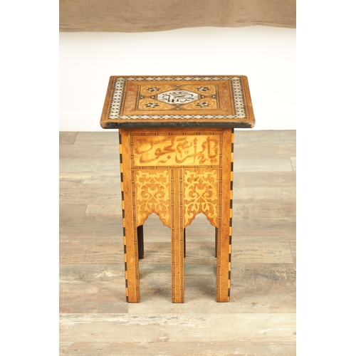 283 - A LATE 19TH CENTURY ISLAMIC PARQUETRY INLAID SQUARE OCCASIONAL TABLE with geometric designs inlaid w... 