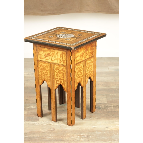 283 - A LATE 19TH CENTURY ISLAMIC PARQUETRY INLAID SQUARE OCCASIONAL TABLE with geometric designs inlaid w... 