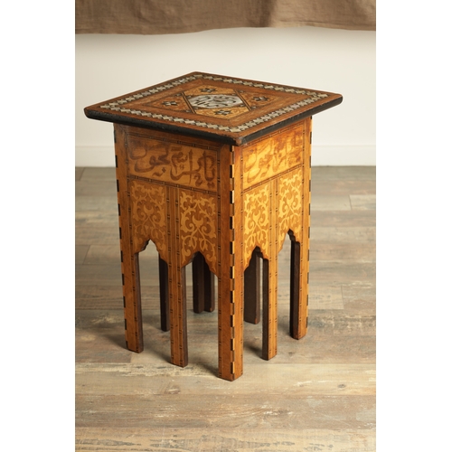 283 - A LATE 19TH CENTURY ISLAMIC PARQUETRY INLAID SQUARE OCCASIONAL TABLE with geometric designs inlaid w... 