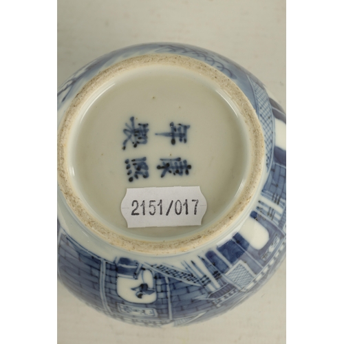 285 - A 19TH CENTURY CHINESE BLUE AND WHITE PORCELAIN BRUSH POT decorated with a pagoda landscape. (8cm hi... 