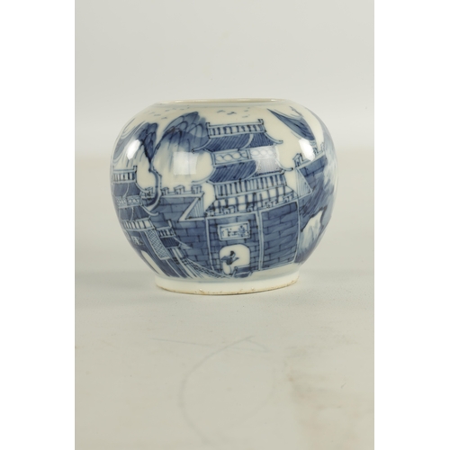 285 - A 19TH CENTURY CHINESE BLUE AND WHITE PORCELAIN BRUSH POT decorated with a pagoda landscape. (8cm hi... 